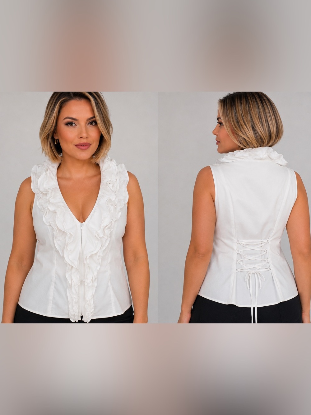White Ruffle Front Lace-Up Back Sleeveless Blouse Top Size 10 NWT-Like